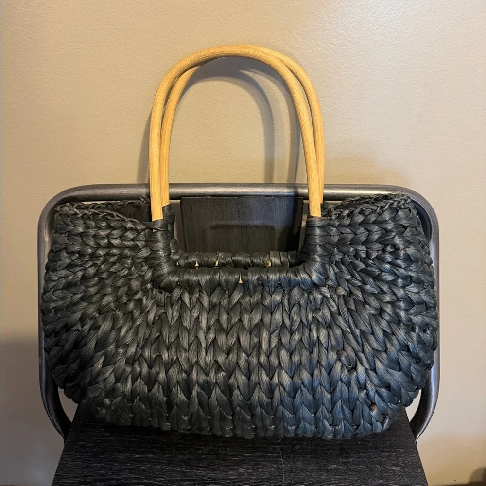 Sun N Sand Woven Straw Handbag Bamboo Handles Floral Accent - Picture 3 of 11